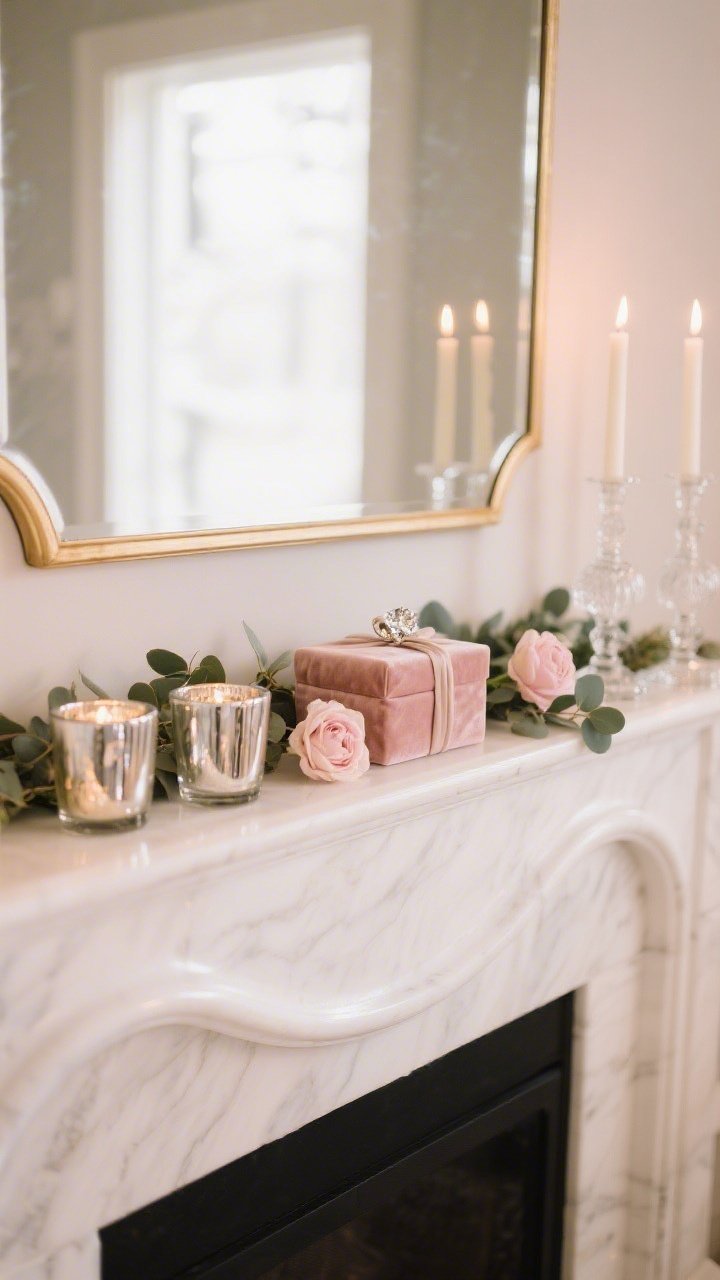 Closeup glam detail shot focusing on textures and glow: silky warm white mantel beneath a beveled mirror with a thin champagne frame; low eucalyptus garland with a few pale blush ranunculus tucked in; trio of mercury glass votives casting soft reflections, plus two tall glass candlesticks holding ivory tapers; a blush velvet-wrapped box topped with a small crystal knot; palette of ivory, blush, champagne, and soft silver; warm-white candlelight for an elegant, softly luxurious ambiance.