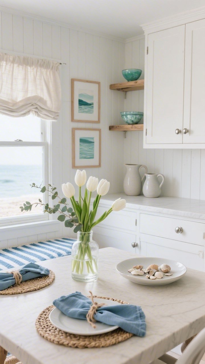 Corner-angle medium shot, “Coastal Spring Breeze” kitchen nook: white beadboard walls, bleached wood shelves holding sea-glass bowls; polished nickel cabinet knobs catching light; lightweight linen café curtains at a window with misty daylight; a blue-and-white striped rug underfoot; clear vase of white tulips with eucalyptus branches as centerpiece on a sandy-neutral counter; abstract coastal prints in thin maple frames; matte ceramic pitchers and a shallow dish with scattered shells; table set with woven placemats, white stoneware, blue napkins tied with twine; palette of misty blues, sea-glass greens, sandy neutrals; breezy, salt-air calm.