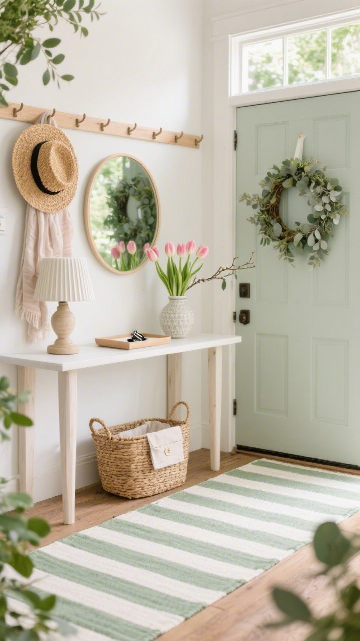 Corner-angle medium shot, garden-party entryway: striped indoor/outdoor runner in sage and ivory on the floor; simple peg rail with a rattan hat and light scarf; slim light-wood or white console table styled with a fluted ceramic lamp, a round mirror with a light frame above, and a vase of tulips or budding branches; woven basket tucked beneath for mail and a small linen-lined tray for keys; fresh greenery or eucalyptus wreath on the adjacent door; palette of sage, ivory, natural wood, blush accents; bright, welcoming natural light, photorealistic.