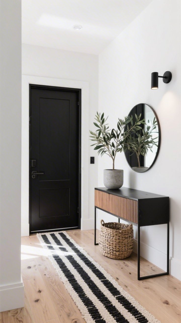 Corner-angle medium shot of a contemporary entryway with bleached oak flooring, light and airy with visible grain; matte black front door; sleek blackened metal console with a fluted oak drawer; oversized round mirror bouncing light; woven basket under console; graphic black-and-ivory runner along the floor; slim black sconce or minimalist flush mount; tall olive tree or rubber plant in a concrete planter; crisp, bright lighting with bold light-dark contrast, photorealistic.
