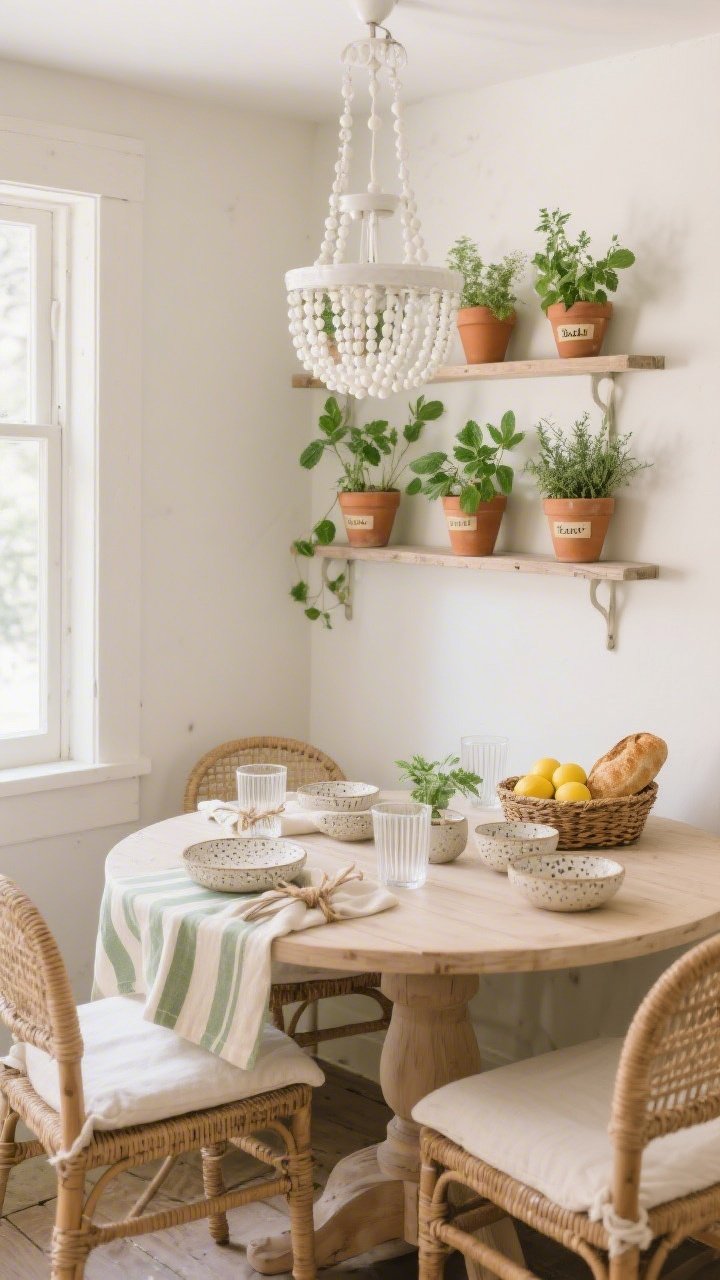 Corner medium shot of an herb-infused dining nook: a light-wood round pedestal table with cane-back chairs and off-white cushions. Above, a white-washed beaded chandelier adds texture. On the wall, a slim herb shelf with labeled terracotta pots (basil, thyme, mint) serving as a living centerpiece. Table casually draped with a cream-and-sage striped cotton tablecloth, set with speckled stoneware, ribbed glass tumblers, and linen napkins tied with twine. A small woven basket holds lemons and crusty bread. Soft, natural kitchen light, photorealistic.