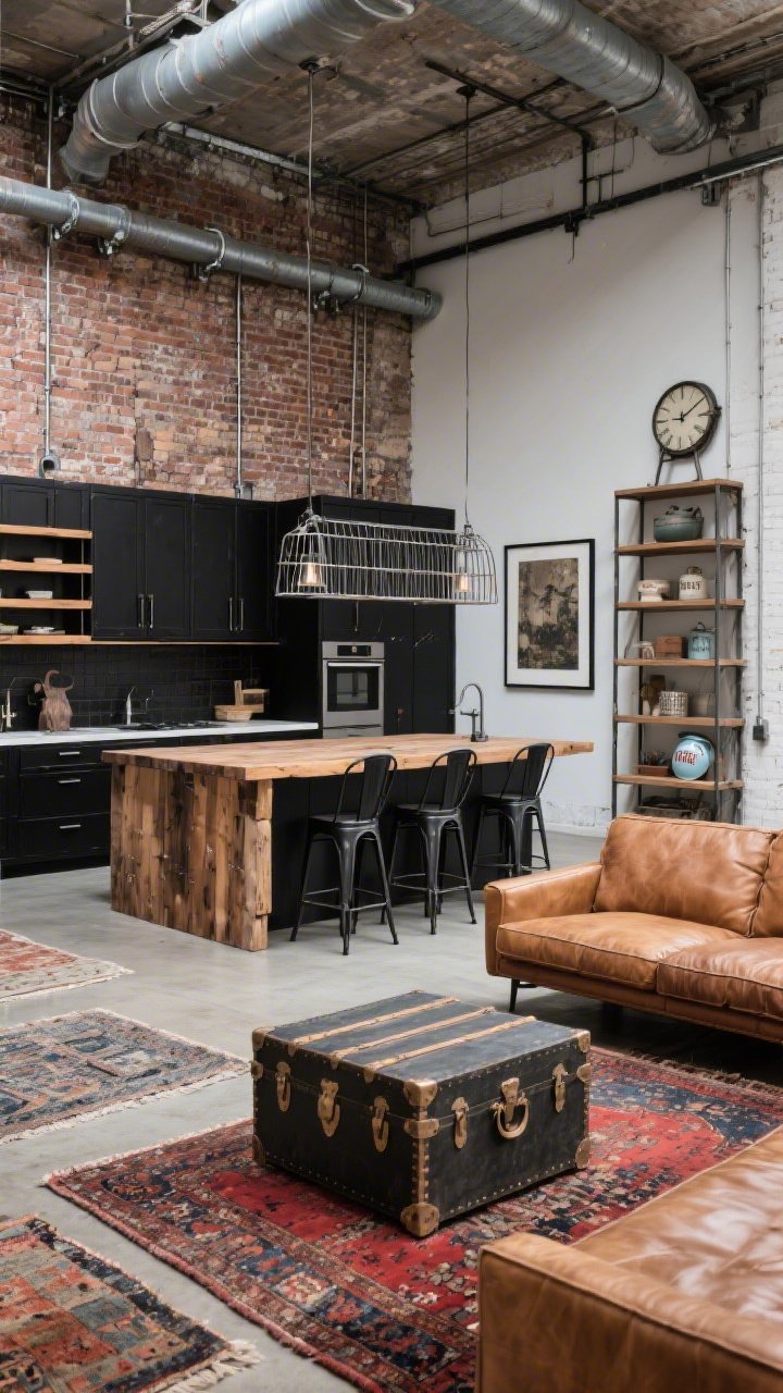 Corner wide shot, rustic industrial loft; exposed brick walls, blackened steel details, reclaimed wood elements; kitchen with matte black cabinets and open wood shelving on galvanized brackets; chunky island with butcher-block top and industrial stools; dining zone with raw-edge farmhouse table, black metal chairs, caged linear chandelier; living area with camel leather sofa, vintage rug in worn reds and indigos, trunk-style coffee table; metal-framed art, enamelware, factory-style clock; layered rugs and a tall shelf unit subtly dividing zones; high ceilings, urban texture, no people, photorealistic.