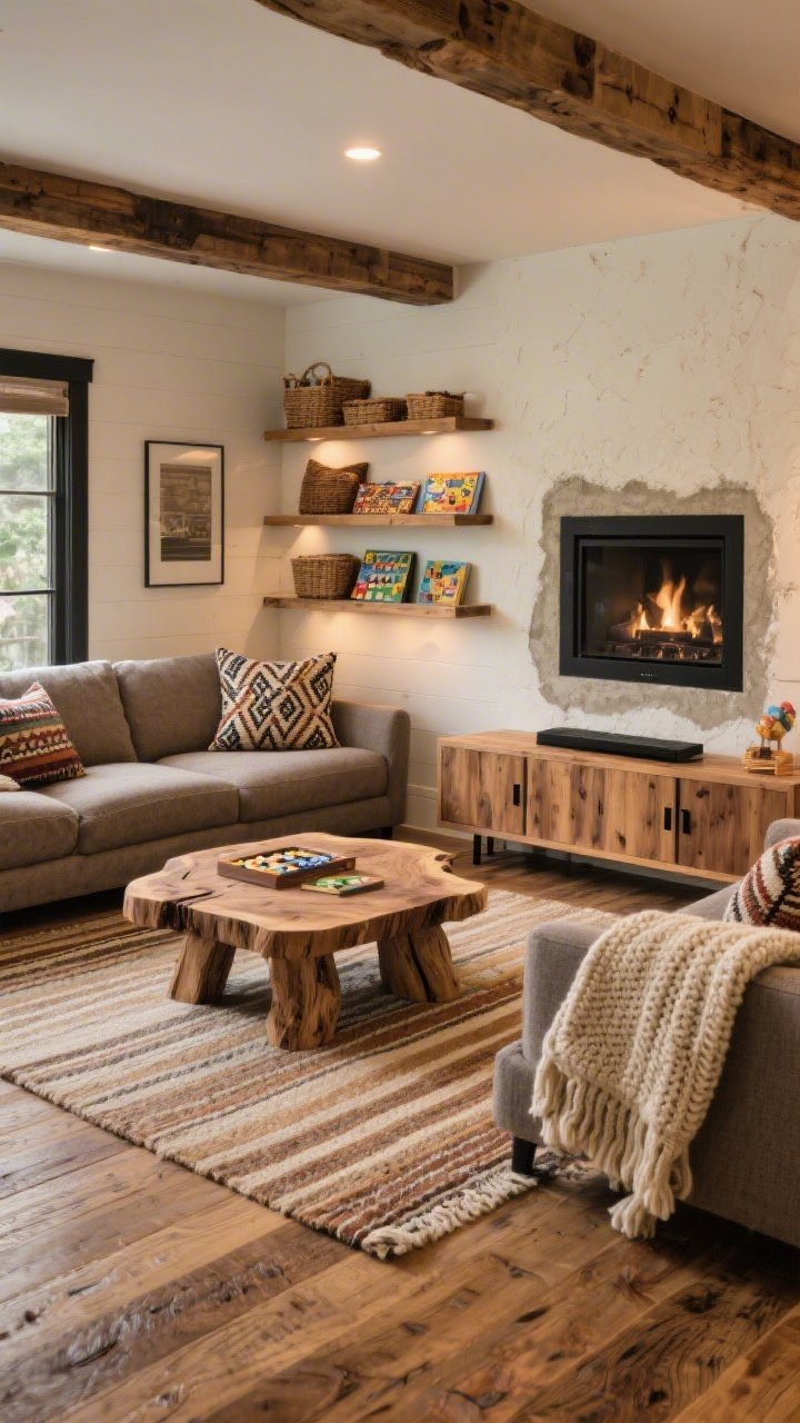 Cozy wide shot of a rustic-modern family room showcasing medium-tone wire-brushed oak floors with textured grain hiding scuffs; deep sectional sofa in warm gray or oatmeal performance fabric with a chunky knit throw; live-edge wood coffee table; open oak wall shelves holding board games and baskets; patterned kilim pillows for personality; fireplace with black steel surround or textured plaster; flatweave rug with earthy stripes layered over the oak; low media cabinet in matching oak with black hardware; warm, family-friendly ambient lighting, photorealistic.