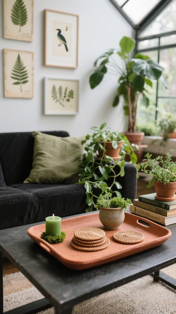 Detail closeup, botanical greenhouse vignette: a terracotta tray on a coffee table holding a small stack of vintage nature field guides, rattan coasters, and a petite ceramic planter atop books. Surrounding scene includes layered potted herbs, trailing pothos, and a taller floor plant blurred in background; color palette of moss, olive, linen with black accents. A glimpse of a botanical gallery wall behind—vintage fern prints and pressed leaves in floating frames, plus a whimsical bird illustration. Soft natural light, include a mossy green candle; lush, alive, photorealistic.