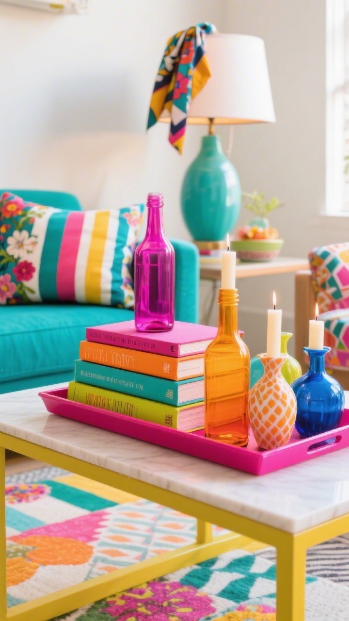 Detail closeup, Eclectic Color Party: vibrant clash of fuchsia, teal, marigold, and cobalt; coffee table styled with a rainbow stack of books and a bright tray; colored glass bottles used as candle holders and tiny vases; glimpse of mixed patterns—stripes, florals, and a geometric pillow edge in the background; playful lampshade swapped with a patterned scarf clipped in place; lively daylight enhancing saturated hues; photorealistic, shallow depth of field from tabletop level.