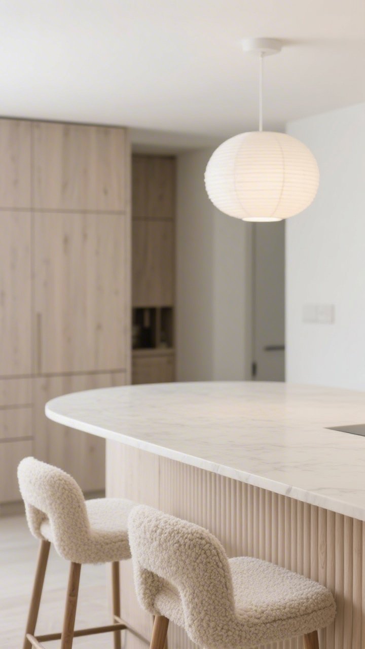 Detail closeup focusing on Scandi-soft minimalism textures: curved island seating side with fluted light ash wood base detail and creamy Caesarstone top (cloudlike), bouclé counter stools in oatmeal tucked under; softly blurred background hints of flat-front ash cabinetry and hidden pantry wall disguised as millwork; pale, warm white ambient light, paper globe pendant glow reflected subtly; palette ash, cream, warm white, pale gray; calm, tactile, photorealistic, no people, close angle.