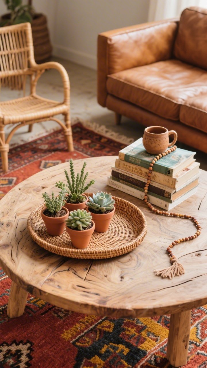 Detail closeup from a low angle, Boho Layers With Earthy Warmth: focus on a round mango wood coffee table with visible grain; on top, a woven tray, a cluster of tiny planters with succulents, a hand-thrown mug beside a stack of sun-faded travel books with a beaded garland draped casually over them; soft hint of camel leather sofa and rattan accent chair in background, vintage kilim rug in rust, terracotta, and turmeric under table; textures rattan, wood grain, fringe, clay, linen; color palette terracotta, clay, sage, ivory, caramel; warm natural light, slightly imperfect, alive and unfussy, photorealistic.
