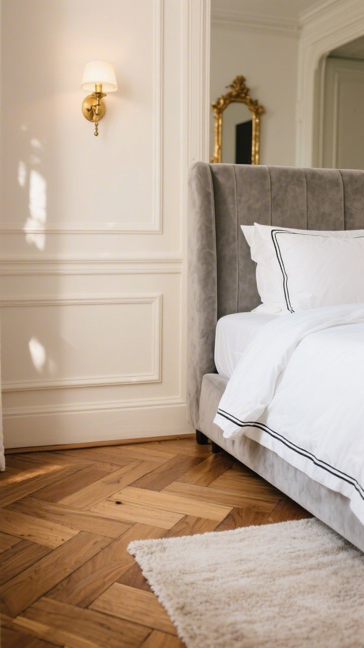 Detail closeup from a Parisian apartment bedroom: warm mid-tone herringbone oak parquet fills the lower frame with crisp detail; edge of a thin pale-neutral wool rug revealing the herringbone pattern beneath; soft cream wall with simple molding blurred in background; brass sconce glow and a hint of a gilded mirror reflection; corner of a dove gray velvet upholstered headboard and white bedding with black piping; gentle morning light, quietly luxurious, photorealistic.