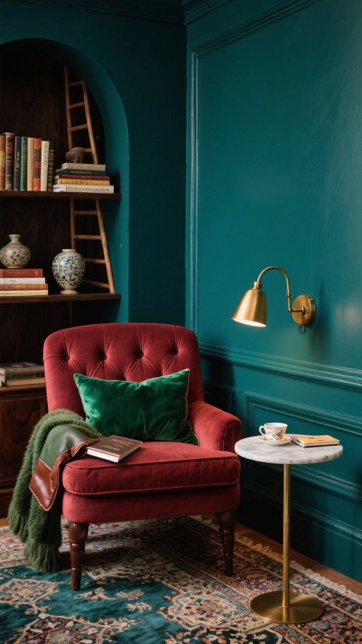 Detail closeup, intimate corner angle: Jewel-toned reading nook with walls and trim painted deep teal or emerald for a cocoon effect. Channel-tufted lounge chair in garnet or moss, brass swing-arm sconce providing focused light, petite marble side table holding a teacup and a novel. Persian-style rug underfoot with hints of the wall color. Dark-wood built-in or ladder shelf behind with artful stacks of books and a few ceramic pieces. Textures highlighted: velvet pillow, mohair throw, leather-bound notebook. Rich, saturated, cozy lighting, photorealistic.