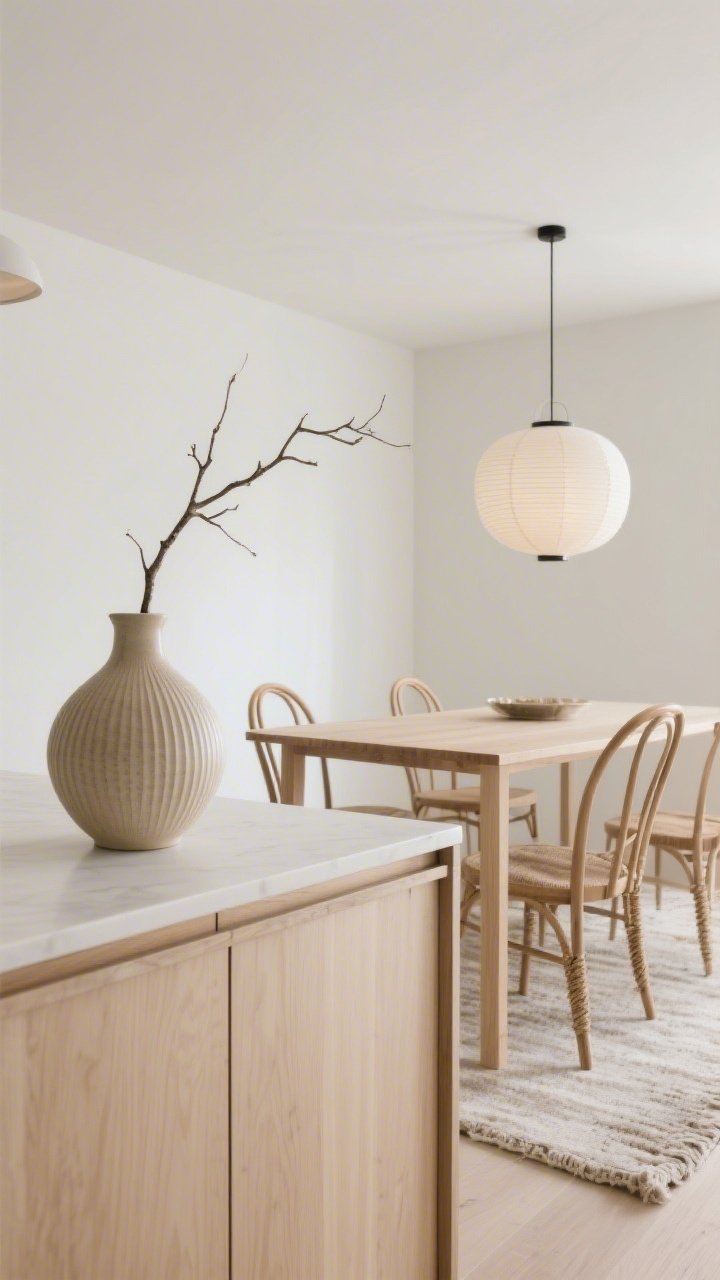 Detail closeup, Japandi serenity textures and forms; pale blond wood flat-panel cabinet edge with pencil-edge island detail in frame; soft, warm white, oat, and putty palette; in the background a slender dining table with wishbone-style chairs in natural cord; foreground features a curved ceramic vase and a ribbed console edge; paper lantern pendant softly diffused above; single sculptural branch in a tall vase; linen runner and neutral wool rug subtly visible; soft natural daylight, minimal, calm, photorealistic.
