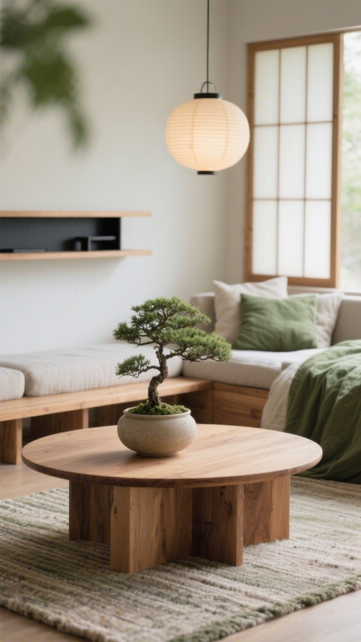 Detail closeup: Japandi textures and palette—clean lines with warm natural oak, moss, oat, and quiet greens; focus on a round ash coffee table holding a small bonsai and neutral ceramics, set over a wool flatweave rug; edge of a modular oak platform sofa with stone-washed linen cushions and a moss-green duvet visible nearby; soft daylight passing a shoji-style screen; matte black hardware on a floating media shelf in background; paper lantern pendant softly glowing out of focus; peaceful, restorative atmosphere; photorealistic, low-angle detail shot.