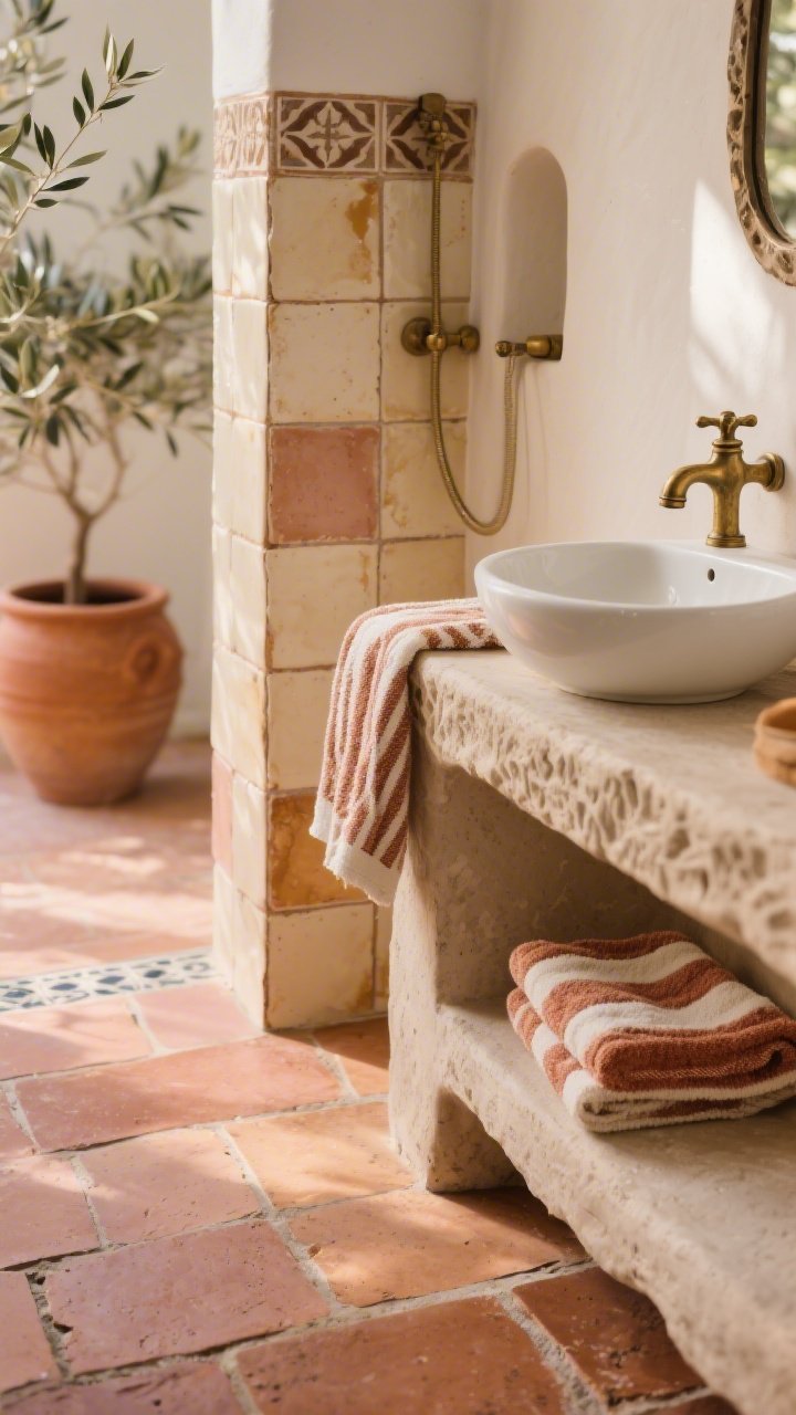Detail closeup, low angle: Handmade terra-cotta floor tiles in warm cinnamon and blush tones showing gentle irregularities; edge of a vertical stack of creamy zellige shower tiles with glaze pooling and shifting; the corner of a chunky plaster-style console vanity with carved niche and a white vessel sink; aged brass taps with soft patina; woven cotton towels in rust and ivory stripes draped nearby; warm, sun-kissed Mediterranean lighting; a terracotta pot with olive branches blurred in the background; no people, photorealistic.