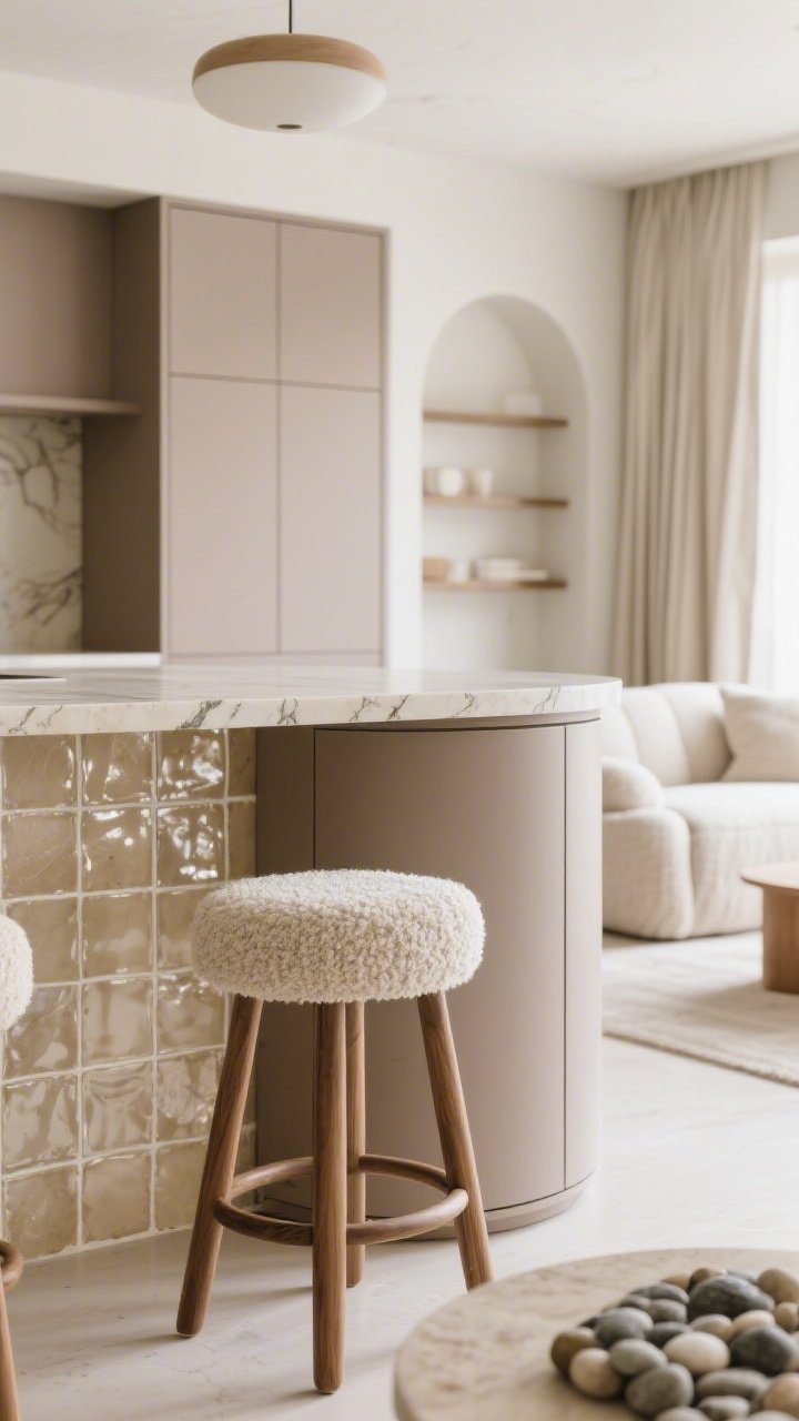 Detail closeup, low angle: Modern organic textures and soft curves—focus on rounded island corner in flat-front taupe cabinetry with creamy quartzite countertop veining; nearby zellige backsplash tiles subtly shimmer; foreground shows bouclé barstool with oak legs and a pebble-shaped coffee table edge; out-of-focus hints of curved sectional in nubby fabric, arched shelving, and linen drapery; creamy neutral palette, tactile materials, repeating rounded silhouettes; soft diffused daylight, photorealistic.