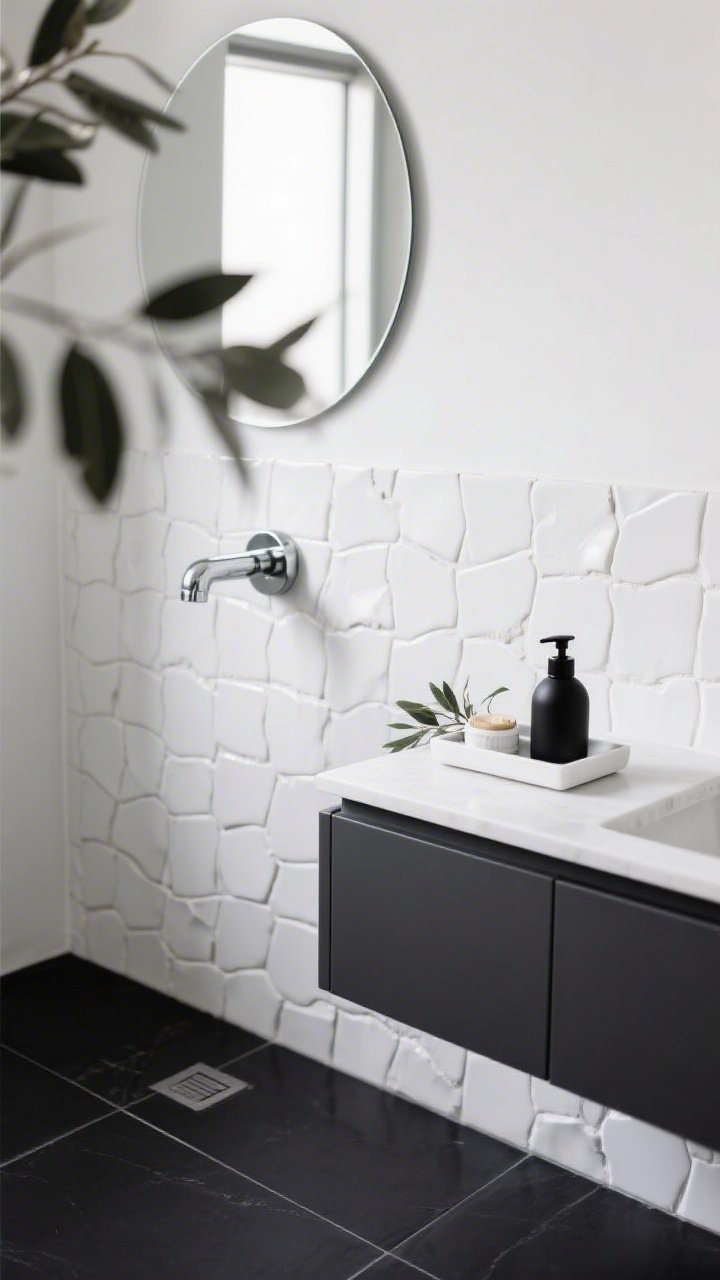 Detail closeup, Monochrome Spa Retreat: white zellige shower tiles with organic hand-cut variation and soft sheen meeting an oversized matte black porcelain floor; edge of a charcoal handleless vanity visible with a rimless round mirror reflecting light; polished chrome fixture catching a gentle highlight; white tray with essentials and a black soap pump nearby; eucalyptus bundle slightly blurred in background; balanced white, charcoal, hints of chrome; crisp yet soft lighting, photorealistic.