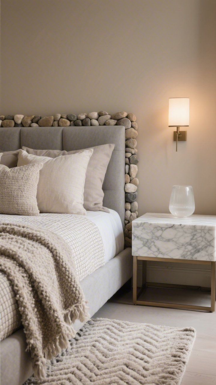 Detail closeup of spa-calm textures on a bed: pebble gray upholstered headboard against warm greige wall, layers including a waffle-knit duvet, a bouclé throw draped casually, and nubby linen pillows. In the blurred background, a sleek marble-topped nightstand with a frosted glass table lamp; soft-glow wall sconce casts warm ambient light. A wool rug in subtle herringbone peeks at the bottom edge. Color story of greige, mushroom, almond, stone; luxurious, quiet, exhale-inducing.