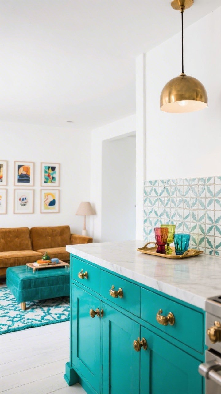 Detail closeup of the bold color pop: teal kitchen island with chunky brass hardware against crisp white walls, patterned cement tile backsplash partially in frame, brushed brass globe pendants casting a warm glow. In soft focus behind, a mid-century camel velvet sofa and a patterned rug with teal threads; a lacquered tray with colorful glassware on an ottoman; gallery wall of modern prints. Clean lines, plenty of white space, playful and joyful mood.