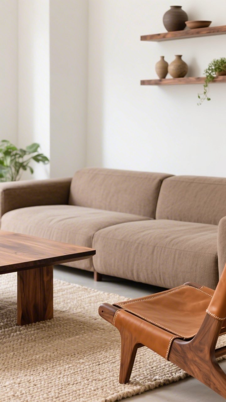 Detail closeup of warm minimalism textures and materials: a walnut coffee table edge meeting a flatweave oatmeal rug, the corner of a warm taupe clean-lined sofa, and the arm detail of a caramel leather sling chair showing subtle patina; soft white wall backdrop with a glimpse of floating walnut shelves holding a few pottery pieces and low greenery; gentle natural light with soft shadows; color story of clay, caramel, taupe, walnut; calm, uncluttered, photorealistic, no people.