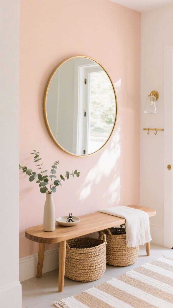 Detail closeup, straight-on vignette of the entryway: barely-there peach wall with shifting light; large round mirror with a thin brass frame reflecting soft daylight; natural wood bench with rounded edges beneath; flatweave runner in sand and white stripes partially visible; woven baskets under the bench, eucalyptus stems in a slim vase, small ceramic tray for keys on the bench; hint of frosted glass sconce and a lightweight coat rack at the edge of frame; palette pale peach, sand, white, soft brass; sun-kissed, organized, photorealistic, no people.