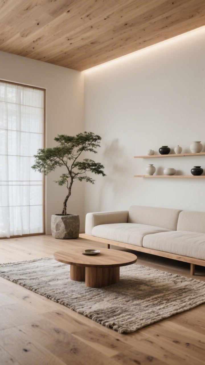 Detail-focused, low-angle medium shot of a Japandi living area showcasing natural ash wood floors with a soft, tactile matte finish; low profile platform-style sofa in putty; simple solid-wood coffee table with rounded edges; flatweave wool rug; sparse shelving with ceramics in chalky whites and inky glazes; paper screen divider in background; Japanese maple in a stone planter; gentle, shadowy depth from slim LED wall wash lighting; palette of putty, warm white, natural ash, ink; serene, minimal; no people.