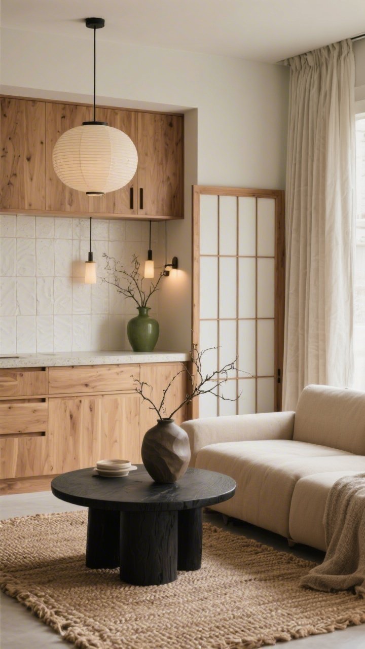 Detail/medium hybrid shot capturing Japandi serenity: flat oak cabinetry with integrated pulls, creamy microcement counters, vertically laid hand-pressed warm white tile backsplash. Adjacent living area with a low-profile sofa in mushroom beige, round blackened wood coffee table, handwoven jute-wool rug, linen drapes lightly puddling. Shoji-inspired sliding screen partly closed, a sculptural vase with a branch arrangement. Layered dimmable sconces and a single rice-paper pendant casting soft, calming light; palette of oak, bone, mushroom, black accents, and olive green.