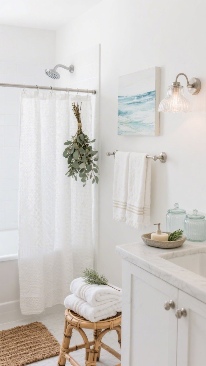 Detail-oriented bathroom scene with serene spa refresh: closeup/medium view of a bright white space accented by pale eucalyptus Turkish cotton towels, a crisp white waffle shower curtain, and a slatted teak bath mat. A bamboo stool near the tub holds folded towels and a eucalyptus bundle hanging from the showerhead. On the vanity, frosted glass canisters and a stoneware tray with hand soap and a tiny fern. A milk-glass vanity sconce casts soft light; brushed nickel hardware throughout; optional watercolor coastal print on the wall. Calm neutrals and watery hues, photorealistic.