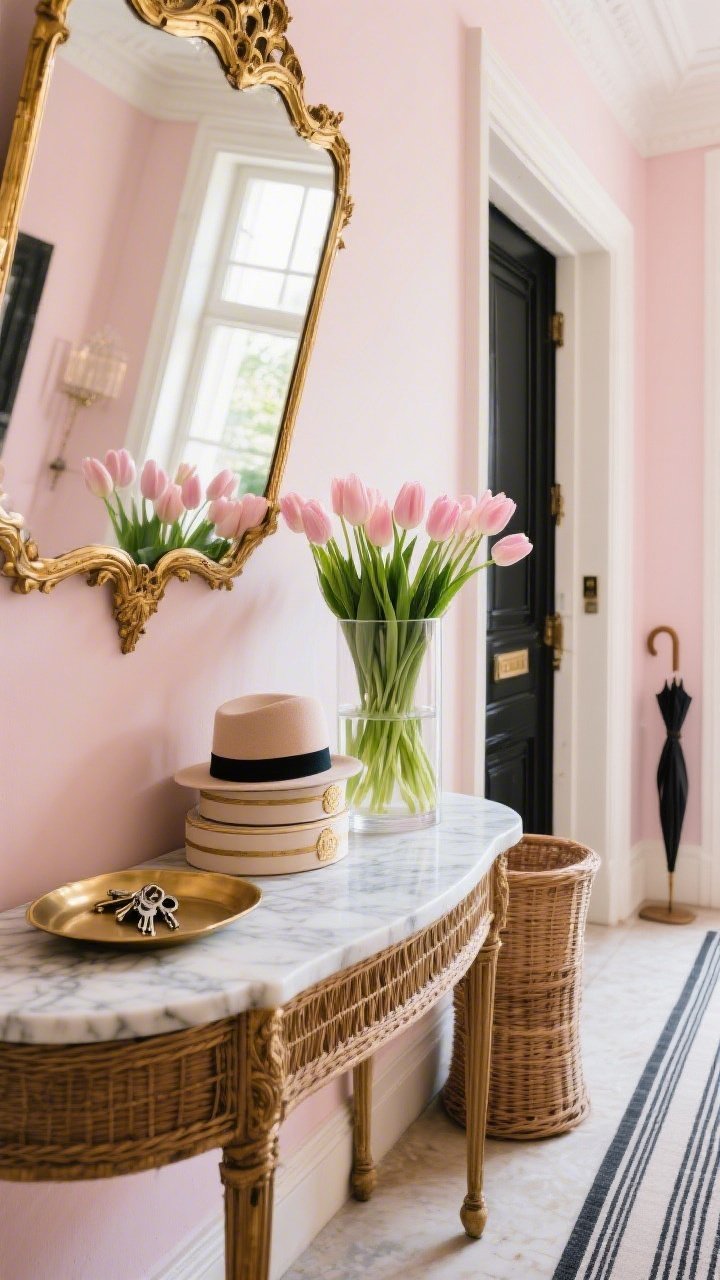 Detail-oriented medium shot, straight-on: A Parisian spring entryway vignette with a marble-topped console and a gold vintage mirror above, angled to reflect window light. On the console: a brass tray for keys, stacked hat boxes, and the wow factor—a tall glass cylinder filled with pale pink tulips with visible stems, florist-shop style. To the side, a wicker umbrella stand; a striped runner lines the hallway floor. Palette of soft pink, black, ivory, antique gold; textures of marble, brass, wicker, and glass in soft, bright natural lighting.