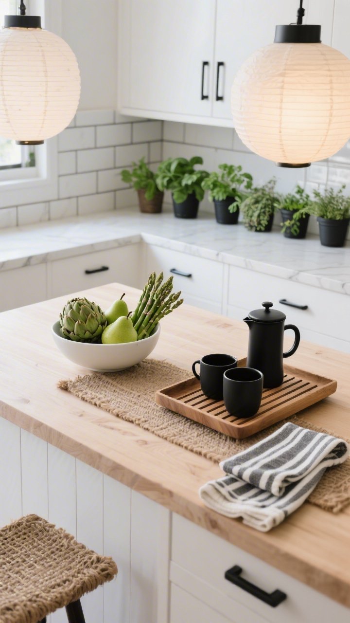 Detail overhead (flat lay) “Fresh Market Modern” island styling: pale oak island top with a low white ceramic bowl holding artichokes, asparagus, and green pears; beside it a slatted oak tray with a French press, matte black mugs, and a black-and-ivory striped towel for graphic contrast; background hints of vertical stacked satin-finish tile backsplash and flat black hardware; sleek row of herb planters (parsley, basil, thyme) at the edge; soft glow from paper pendant lanterns creating gentle, diffused light; jute runner texture partially visible; scandi-minimal, calm, curated vibe in matte black, pale oak, crisp white, fresh greens.