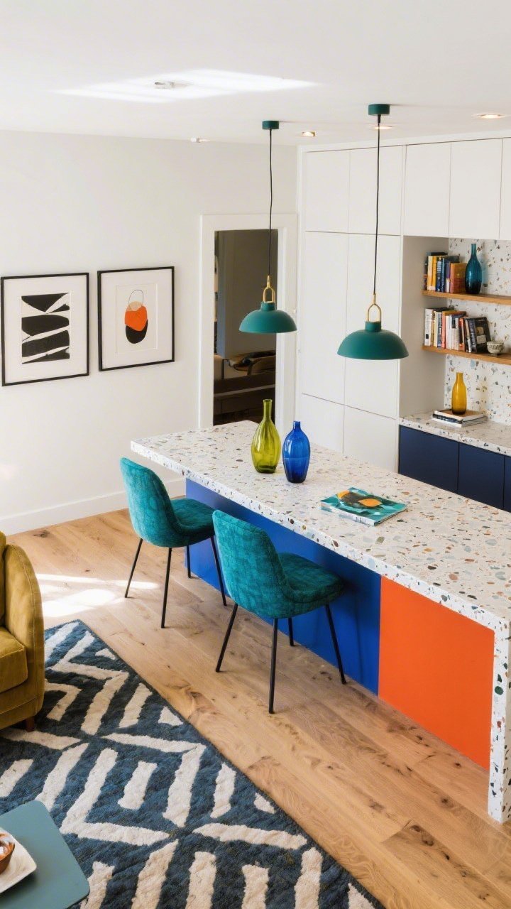 Detail overhead styling shot: Color-pop contemporary with smart zones—neutral shell of warm white walls and mid-tone oak floors; a bold cobalt (or emerald/terracotta) throughline seen in color-blocked island base edge, terrazzo counter flecks, pendant shades, and upholstered dining chair fabric swatch; graphic area rug pattern defining the living conversation area; framed modern prints and colored glass vases on a statement bookshelf; integrated storage fronts visible at edge; crisp daylight with focused task lighting, colors vibrant but uncluttered; no people, photorealistic.