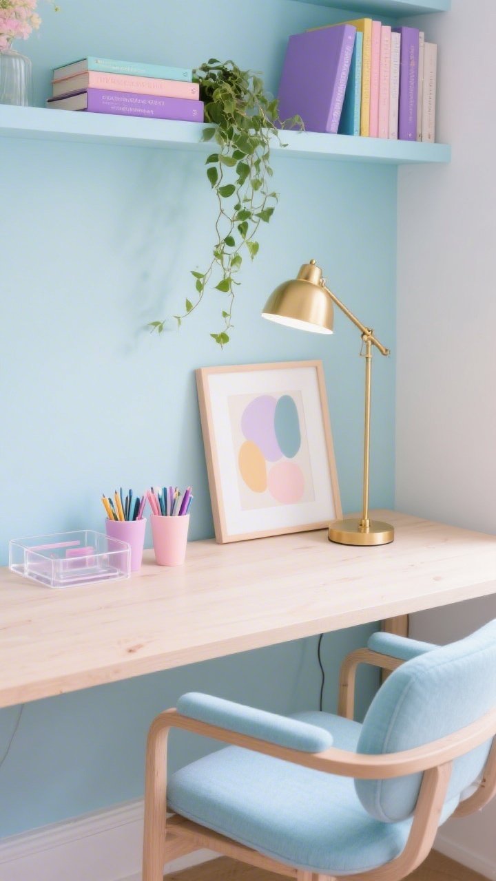 Detail shot, playful pastel home office desktop: soft pastel accent context in powder blue or lavender visible in background; acrylic trays and pastel pen cups organized on a pale wood desk; slender brass desk lamp casting bright but gentle task lighting; blush or sky-blue cushion on the desk chair edge entering frame; a framed abstract print in soft hues leaning against the wall; floating shelf edge above with color-coded books and a trailing ivy; palette of powder blue, lavender, blush, brass; optimistic spring vibe, photorealistic.