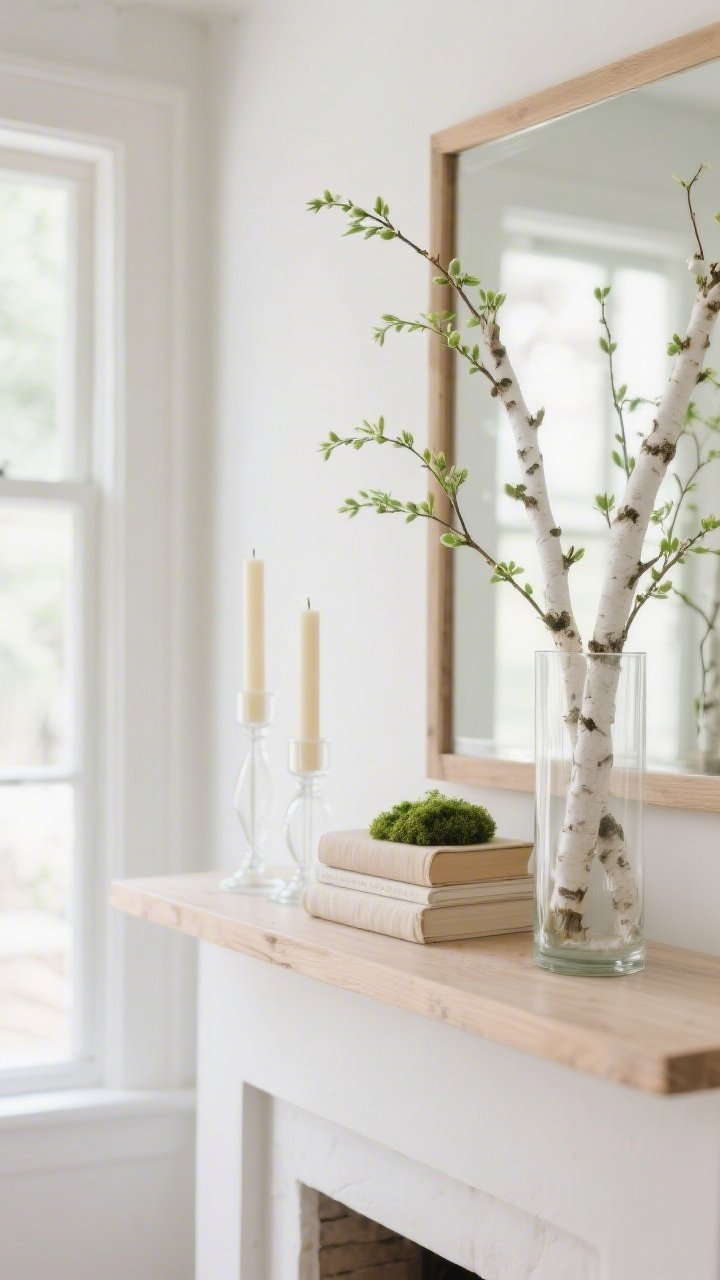 Medium, angled corner shot of a Scandinavian spring mantel: pale oak or white-painted shelf with a minimalist wood-framed mirror; on one side, a clear glass cylinder filled with white birch branches and sprigs of fresh green willow; a calm lineup of cream pillar candles in simple glass hurricanes (two tall, one medium); a small stack of linen-bound books in beige and ivory with a petite mossy plant on top; palette of ivory, oat, pale wood, leaf green; soft morning window light emphasizing clean shapes and repeated glass and linen textures.