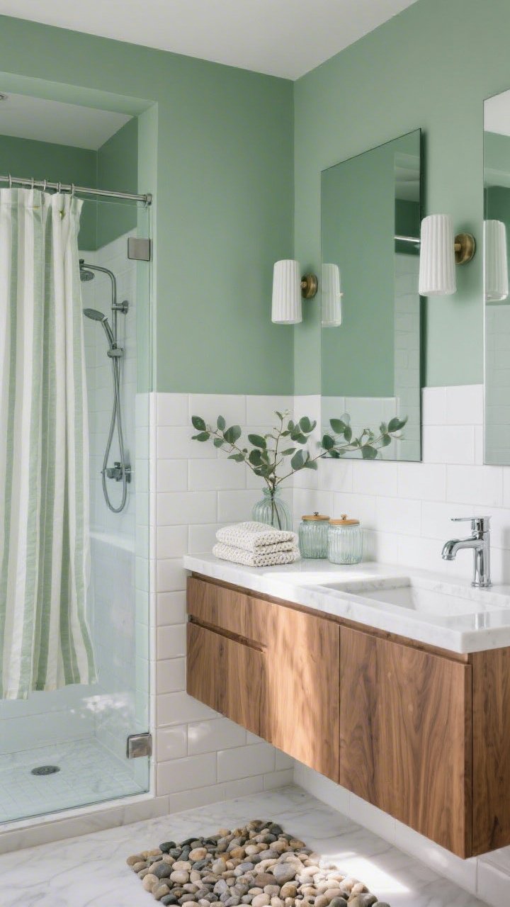 Medium bathroom shot, straight-on: glossy white subway-tiled shower with glass door; cool aloe green painted walls; floating oak vanity with white quartz top and polished chrome faucet; frameless mirror above, slim wall sconces flanking; fluted glass canisters on the counter, waffle towels neatly folded; eucalyptus stems in a clear vase; optional view of a striped linen shower curtain if not glass; pebble bath mat on the floor; palette aloe green, linen white, oak, polished chrome; spa-like morning light, photorealistic, no people.