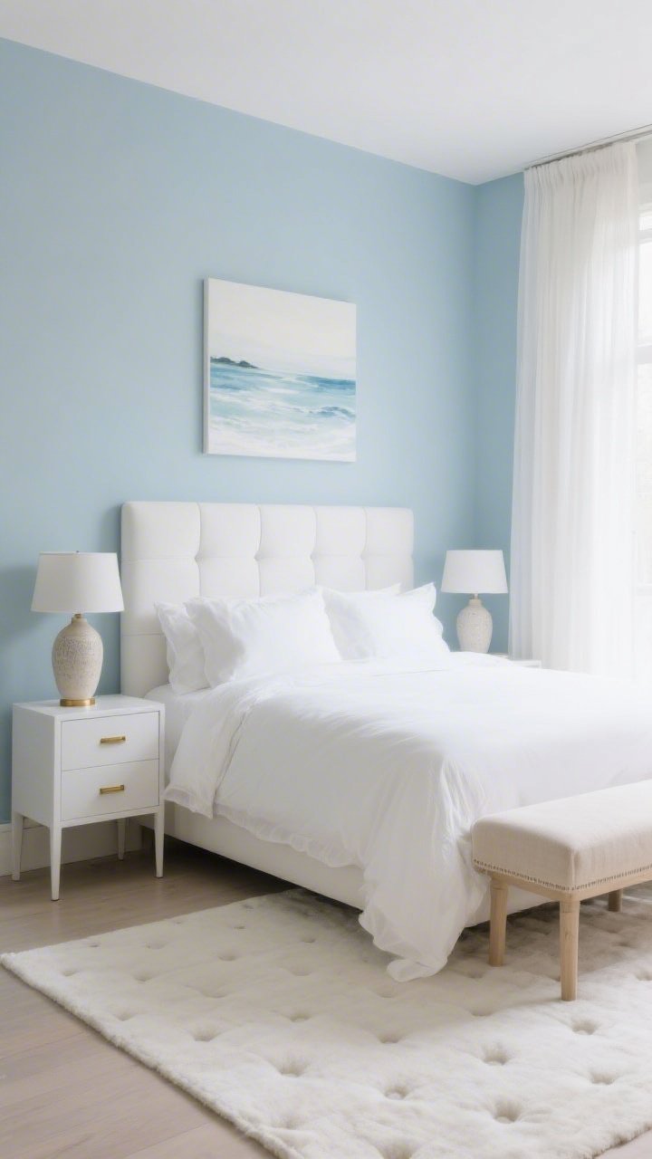 Medium bedroom shot from a corner angle: featherlight sky blue walls; white upholstered headboard with crisp white percale bedding and a gauzy, cloud-like white duvet; white lacquered slim nightstands with pale ash wood legs and matte/brushed brass pulls; hand-tufted ivory rug underfoot; minimal art—a single watercolor seascape; sheer drapes diffusing soft morning light; simple oatmeal linen bench at the foot of the bed; ceramic lamps; palette of sky blue, cloud white, pale ash, brushed brass; calm, cocooning, subtly luxe, photorealistic, no people.