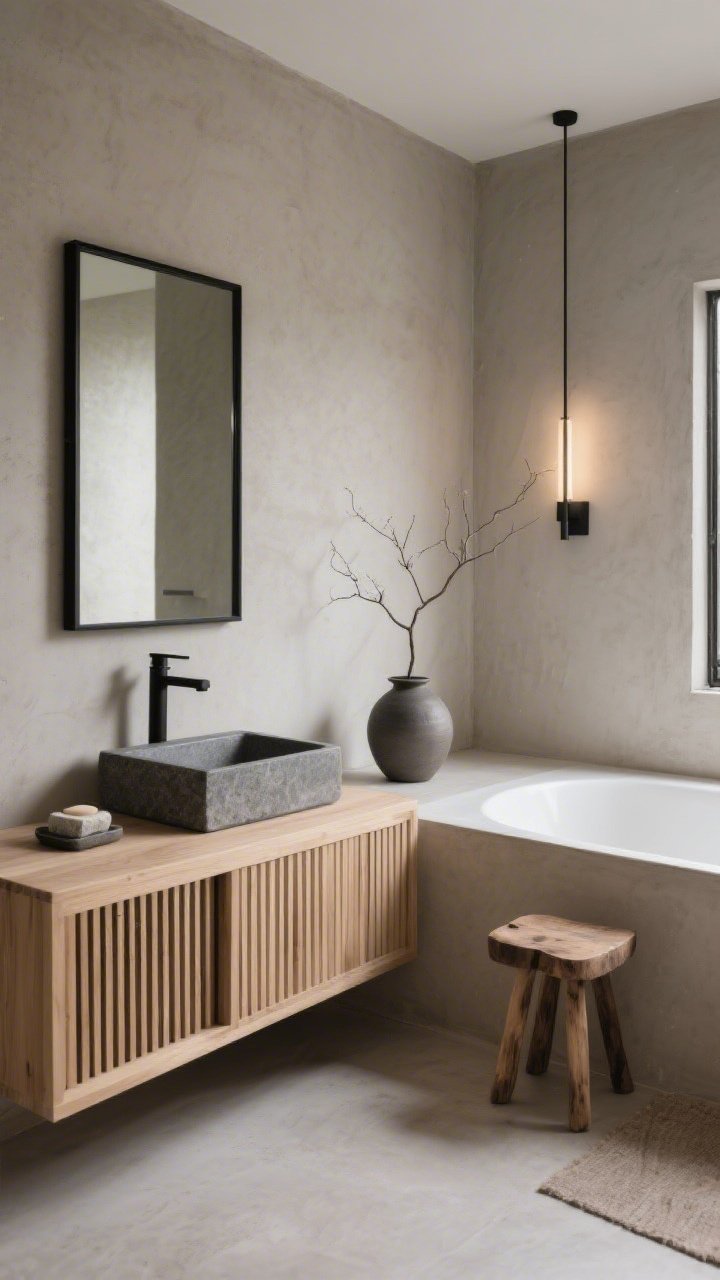 Medium corner angle, Japandi Calm With Earthy Bones: greige microcement walls, low-profile oak vanity with slatted fronts, thin black-framed mirror, brushed black fixtures, rectangular stone vessel sink, deep soaking tub with a raw teak stool beside it; sparse decor featuring a single branch in a matte ceramic vase and a stone soap dish; linear wall sconce casting a soft diffused glow; palette of greige, natural oak, charcoal black; grounded, meditative mood, photorealistic.