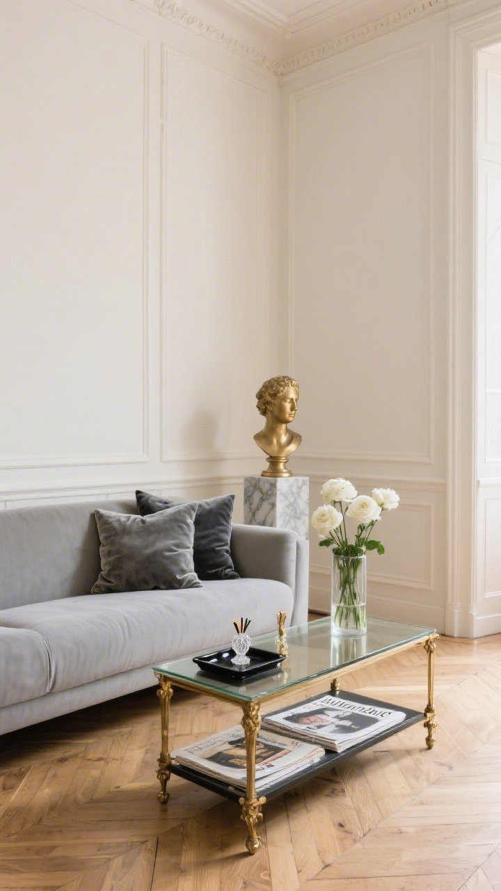 Medium corner angle, Parisian Chic With Timeless Neutrals: high-ceiling room with creamy walls featuring subtle molding, herringbone wood floors, and a dove gray tuxedo sofa; a slim antique brass and glass rectangular coffee table styled with a petite marble bust, a crystal match striker, and a slim vase of white ranunculus; vintage French magazines visible under the glass; a small black lacquer tray grounding the vignette; balanced composition with one statement piece and two quieter companions; palette cream, dove gray, brass, black accents; textures glass, polished metal, velvet pillows, patinaed wood; soft daylight like a Left Bank apartment, photorealistic, no people.