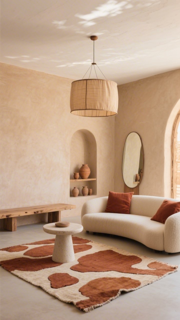 Medium-detail shot: Desert minimal living area with mellow clay beige walls, chalky white ceiling, and rust-toned textiles; curved loveseat in nubby cream fabric atop a hand-knotted wool rug with abstract terracotta shapes; plaster pedestal side table as sculptural accent; low oak media bench maintaining clean sightlines; arched wall niche displaying unglazed pottery; rounded floor mirror reflecting warm light; drum pendant with fabric diffuser overhead; subtle limewash accent wall and raw wood elements visible; serene, golden-hour glow; photorealistic, slight diagonal angle.