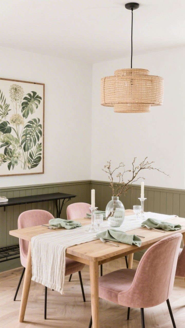 Medium dining room shot from a side angle: warm white walls with sable-sage wainscot on the lower third; light oak dining table with slim lines centered; curved blush velvet chairs around it; woven drum pendant overhead casting soft dappled light; slim black metal console against the wall; oversized botanical prints above the wainscot; linen table runner and ribbed glass candleholders; clear vase with foraged branches at center; sage cotton napkins; palette of blush, sage, warm white, light oak; modern garden-party calm, photorealistic, no people.