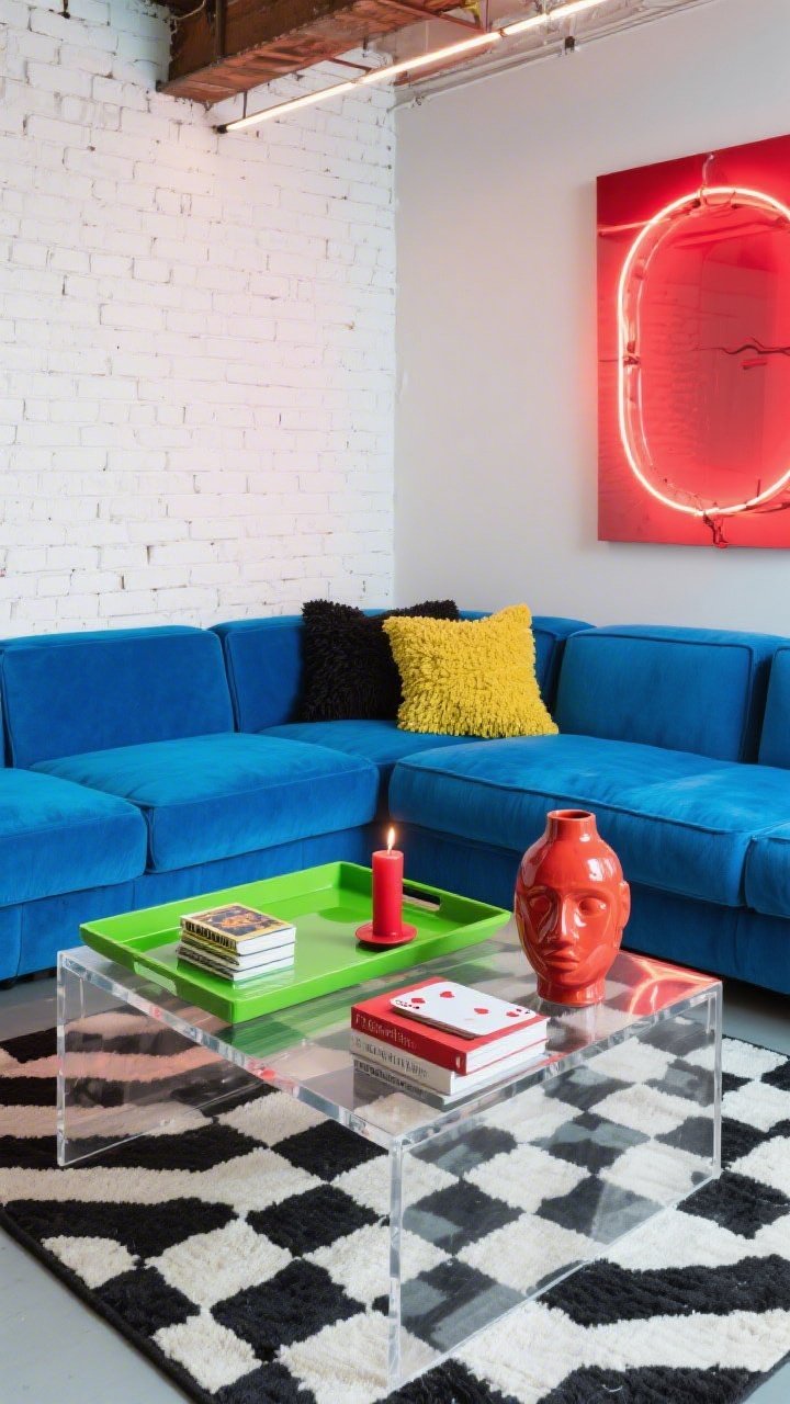 Medium, dynamic corner angle, Playful Pop Art Loft With Bold Color: white brick walls, modular cobalt sofa, graphic rug with chunky black-and-white checks visible through a transparent acrylic square coffee table; on table, punchy coffee-table books, a lime green lacquer tray, a primary-red sculptural candle, and a quirky ceramic face vase; a deck of designer playing cards for personality; neon art glow softly in background; palette cobalt, cherry red, lemon, black, white; textures acrylic, lacquer, glossy ceramic, boucle pillows; bright, lively loft lighting with subtle neon accent, photorealistic, no people.