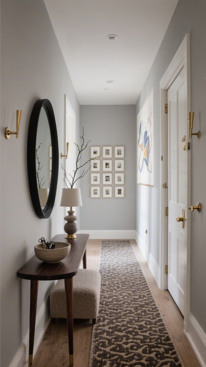 Medium hallway shot, straight-on: Gallery-ready entryway with soft pewter walls and a runner featuring a rich, low-contrast pattern. Slim dark-wood console with tapered legs topped by a black-rimmed statement mirror. Bouclé bench tucked neatly underneath for tailored utility. Art moment: tight grid of small, matted prints on one wall or a single oversized abstract piece. Finishing touches: stoneware bowl for keys, a sculptural lamp, tall branch arrangement in a vase. Solid brass pegs on the wall and upgraded brass door hardware. Soft layered lighting for an elegant first impression, photorealistic.