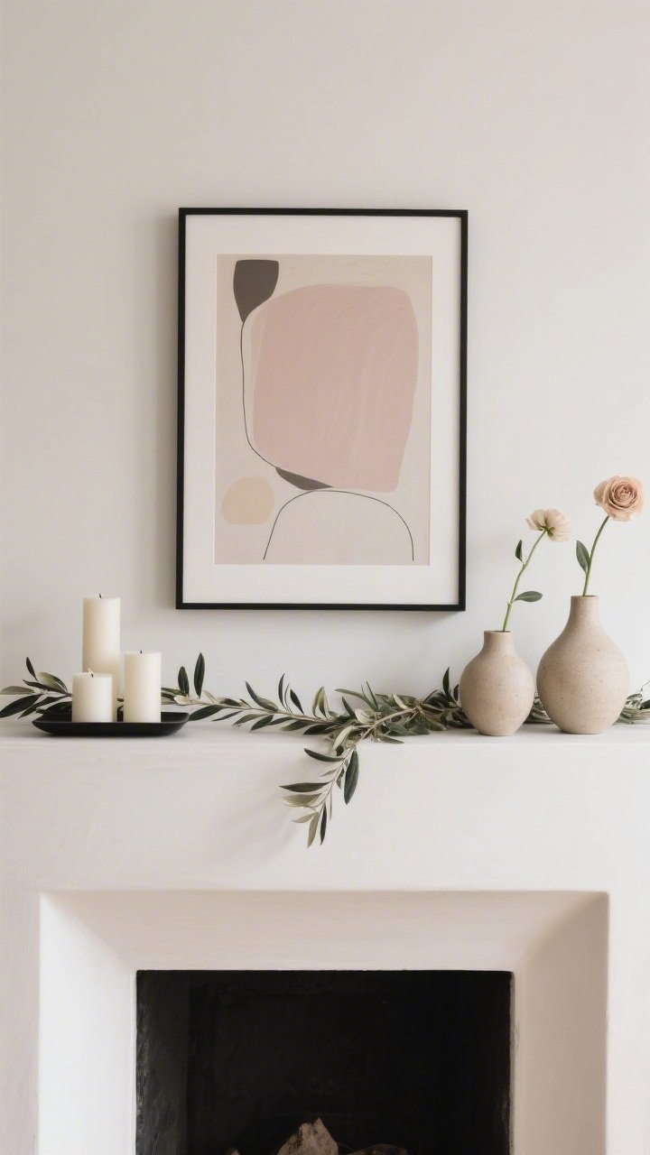 Medium, minimalist straight-on shot of a modern neutral mantel: matte warm white surround, slim black metal frame holding abstract art in pale taupe and blush; a low olive-branch garland snaking gracefully across; three off-white pillar candles of varying heights on a thin black tray; two stoneware bud vases in sandy tones each with a single delicate stem (ranunculus or hellebore); ample negative space, crisp lines, subtle charcoal accents; soft diffused daylight for a serene, sculptural feel.