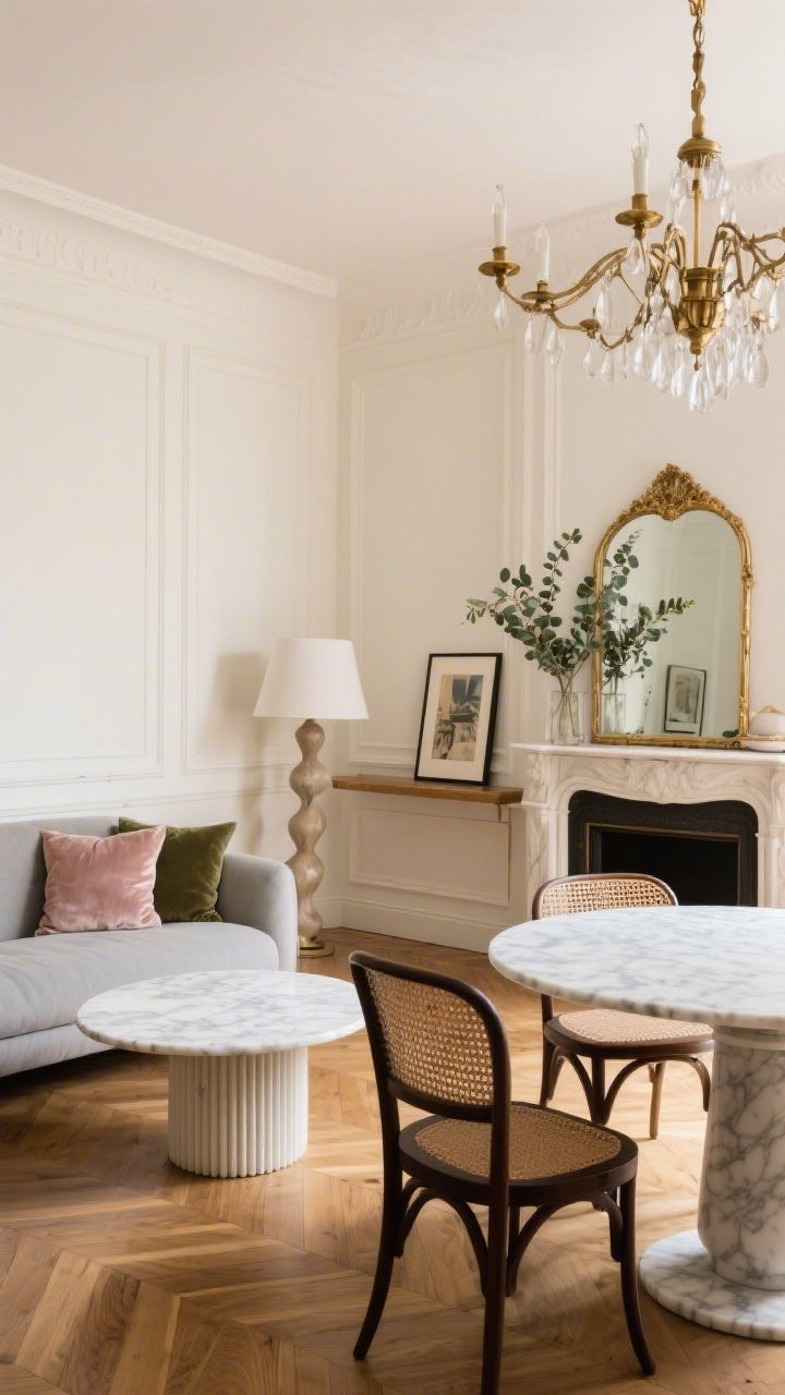 Medium shot at a slight corner angle capturing Parisian chic elegance: creamy walls with simple wall moldings, continuous herringbone wood floors; living side shows a dove-gray sofa, round marble coffee table, fluted side table, sculptural floor lamp, velvet pillows in muted blush and forest; dining side features a polished round marble pedestal table with dark wood cane-back chairs beneath a branching brass chandelier; a mantle-style shelf with leaning art, fresh eucalyptus, and a gilded mirror reflecting light; refined, softly luminous lighting, photorealistic, no people.