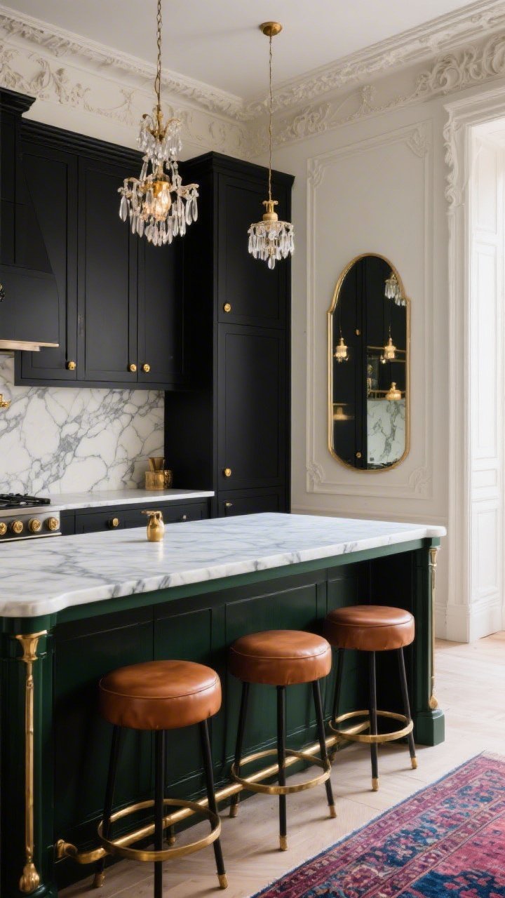 Medium shot capturing Parisian chic kitchen island vignette: tall inky black shaker doors with antique brass knobs, elegant marble slab backsplash with natural veining; island in deep green-black with marble top featuring ogee edge, furniture-style legs, brass foot rail, plush cognac leather stools; arched mirror on adjacent wall reflecting pendants and island; glimpses of ornate moldings and a vintage rug in berry and indigo beyond; palette black, bone, brass, cognac, indigo; chandelier sparkle, refined daylight with warm brass highlights; photorealistic, slight corner angle, no people.