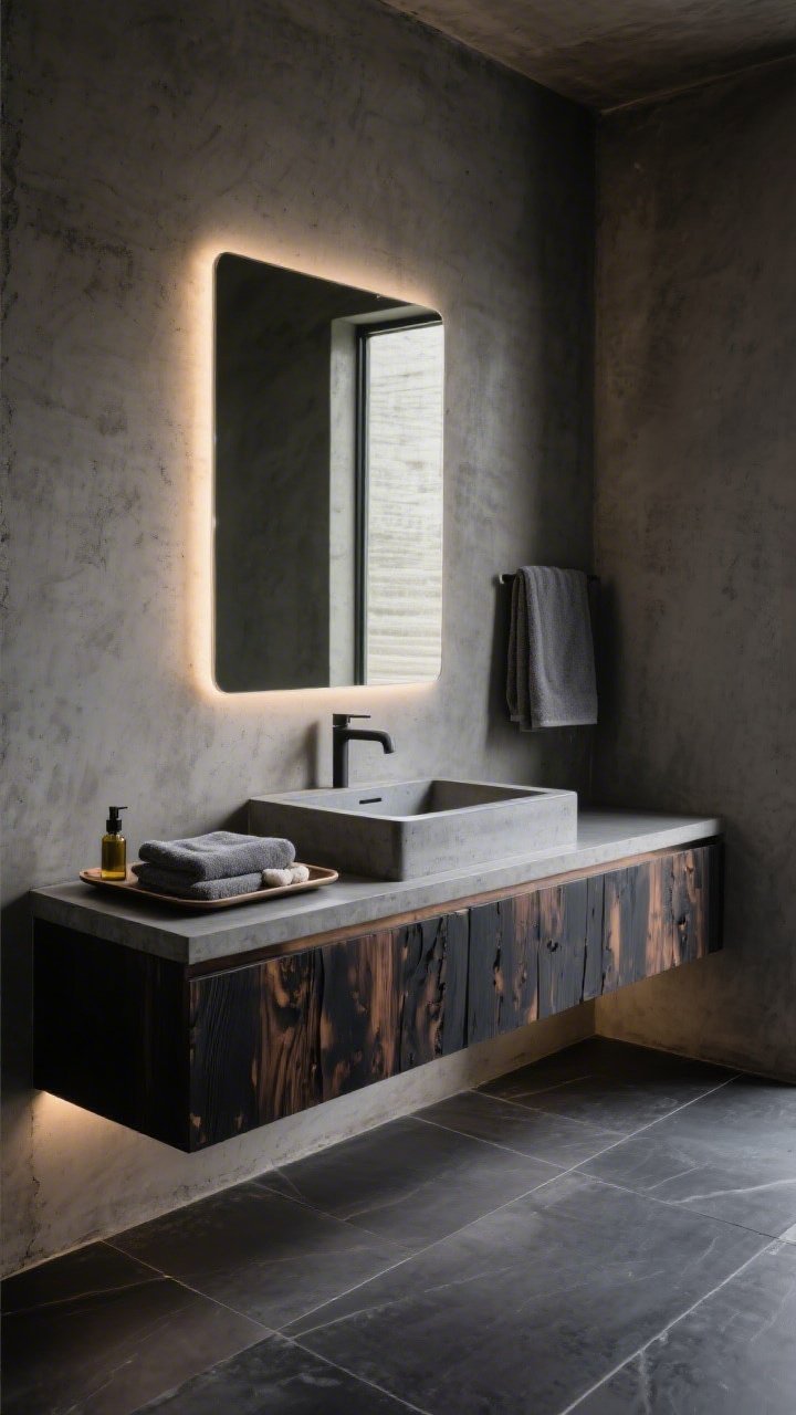 Medium shot, Concrete Zen with Charred Accents: troweled concrete (microcement) walls, floating vanity in dark charred wood with hidden LED toe-kick glow, integrated concrete sink, graphite fixtures, backlit rectangular mirror casting a soft halo, large charcoal floor tiles; softened with plush stone-gray towels and a low ceramic tray holding bath salts and oil; moody, modern calm, subtle shadow play, photorealistic.