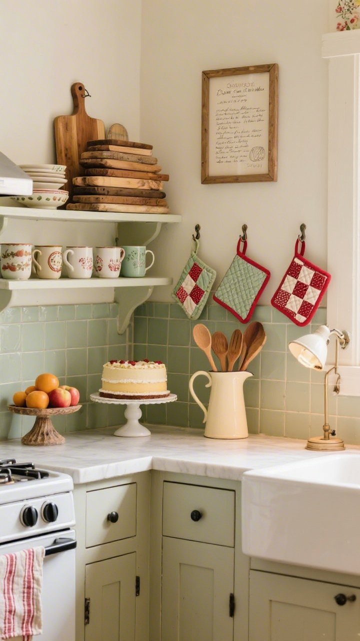 Medium shot, Cottage Craft Kitchen: cozy, handmade feel with buttercream, sage, and cherry red accents; cutting boards stacked and layered against the backsplash; a framed handwritten recipe leaned casually; wooden spoons corralled in a pretty pitcher; tea towels hung on removable hooks as soft wall art; fruit displayed on a cake stand; thrifted mugs grouped on an open shelf; quilted potholders hung as mini tapestries near the stove; a small desk lamp on the counter casting warm bakery-style glow; photorealistic, slight corner angle.