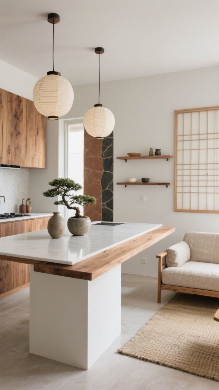 Medium shot emphasizing Japandi zen balance: rift-cut oak flat-front kitchen with ultra-thin porcelain countertops, island floating on slender plinths with chamfered edges and integrated wood breakfast ledge; paper lantern pendants overhead; stoneware vases and a small bonsai placed on island; adjacent living area with low wood-frame sofa in natural linen and tatami-inspired rug, minimal long wall shelf; slatted wood partition shaping flow near entry; palette oak, clay, stone, charcoal, rice paper white; soft diffuse daylight, serene, photorealistic, straight-on, no people.