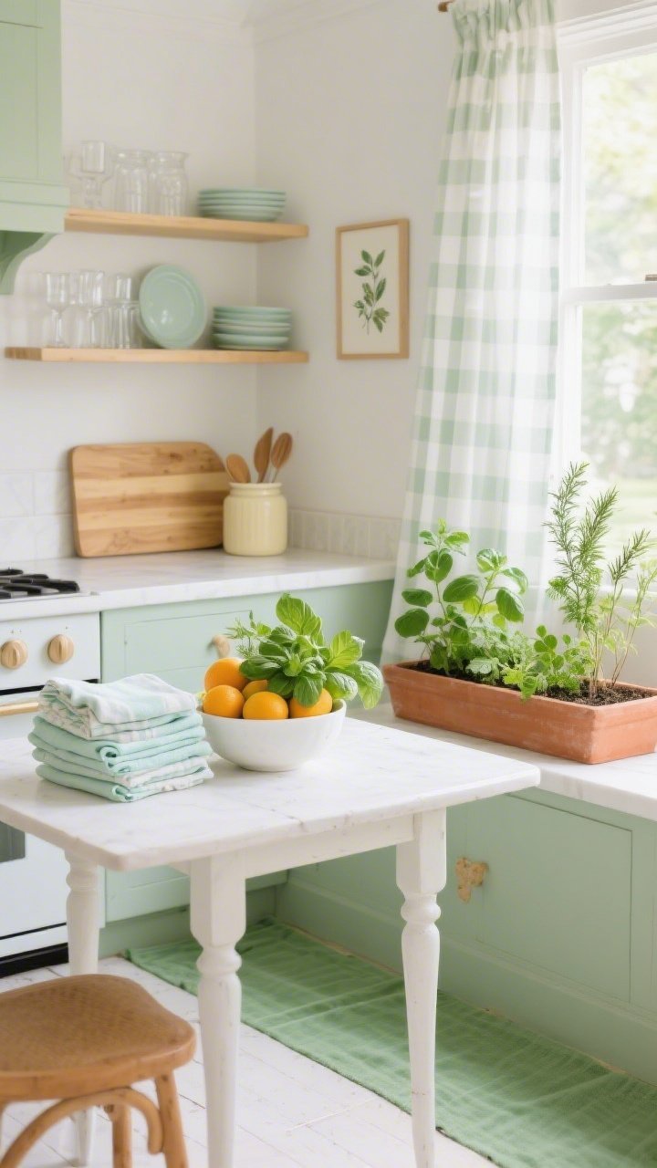 Medium shot, fresh herb-forward kitchen nook: small breakfast table with white ceramic fruit bowl filled with citrus, stack of pastel linen napkins, and a terracotta herb garden (basil, mint, rosemary) in the sunniest corner; mint-green runner along the floor, lightweight white or gingham cafe curtains filtering soft daylight; blonde wood cutting board and pale ceramic utensil crock on the counter; open shelving styled with clear glassware, pale dishes, and a tiny framed botanical print; palette of mint, butter, white, terracotta; clean spring ambiance, photorealistic.