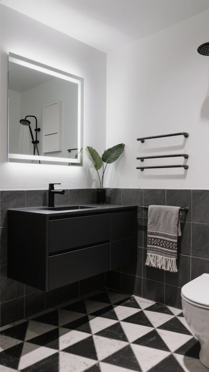 Medium shot from a corner angle: A fashion-forward bathroom with bold black-and-white cement floor tiles in a geometric diamonds-and-triangles pattern; walls clad halfway up in matte charcoal large-format porcelain with crisp white paint above; floating black vanity with slab-front drawers; sleek matte black faucet, rain showerhead, and towel bars; thin rectangular metal-framed mirror with LED backlighting softly glowing; recessed medicine cabinet flush with the wall; a single leafy plant and a fringed Turkish towel for a restrained accent; balanced, moody lighting; no people, photorealistic.