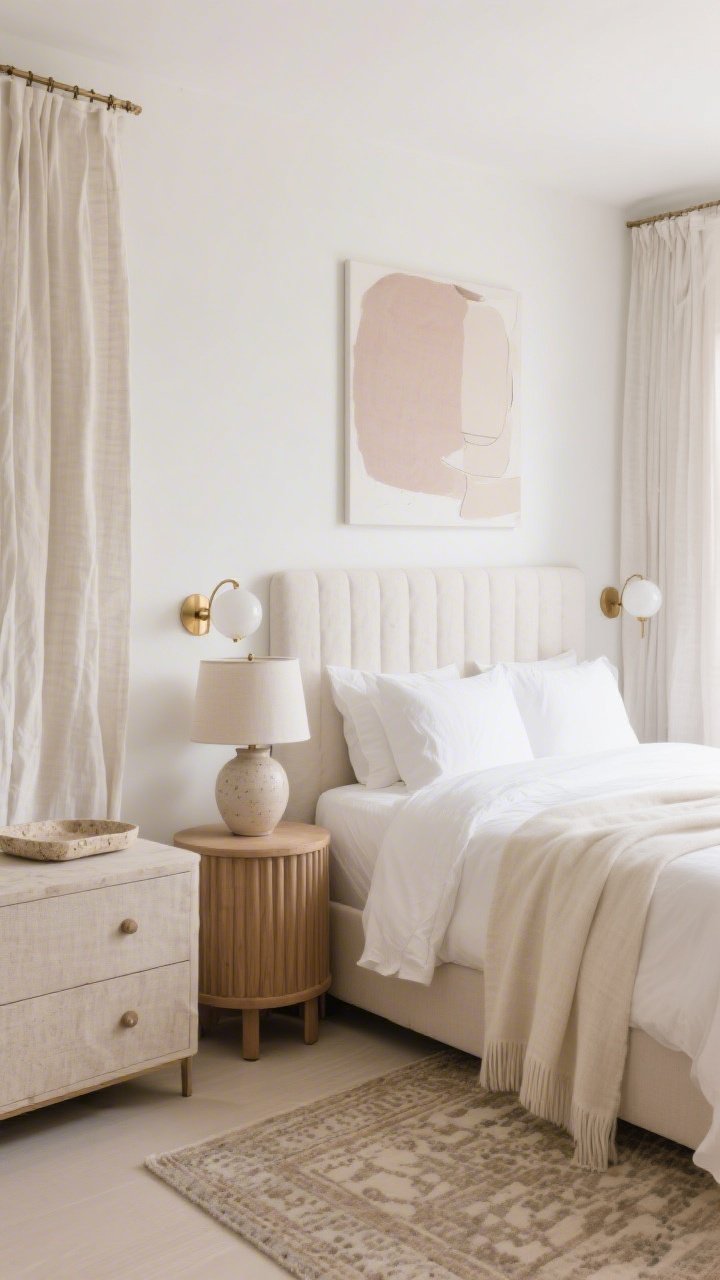 Medium shot from a corner angle: A light-and-linen sanctuary bedroom with creamy white walls, padded linen headboard, and billowy floor-to-ceiling curtains. Stonewashed linen duvet layered with an ecru cashmere throw; tight palette of ivory, sand, soft taupe, and a whisper of pale blush. Two fluted wood nightstands with globe sconces in brushed brass above them. Large abstract canvas in muted neutrals, travertine tray on the dresser, hand-knotted rug with subtle pattern, ceramic table lamp with a linen shade. Soft morning light creating a serene, high-end calm, photorealistic.
