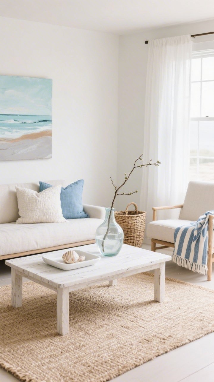 Medium shot from a corner angle, coastal breeze minimal: calm space in ocean-kissed neutrals—sand, shell, and sea-glass blue. Existing furniture simplified, throw pillows in textured off-white and soft blue chambray, a bleached wood or white resin tray on the coffee table, a large clear glass jug with a single budding branch as the focal point. Natural sisal or oatmeal low-pile flatweave rug, sheer white window panels catching light, abstract art in pale blues and warm gray on the wall. Woven basket for throws and a striped Turkish towel draped over a chair arm; airy, uncluttered, photorealistic.