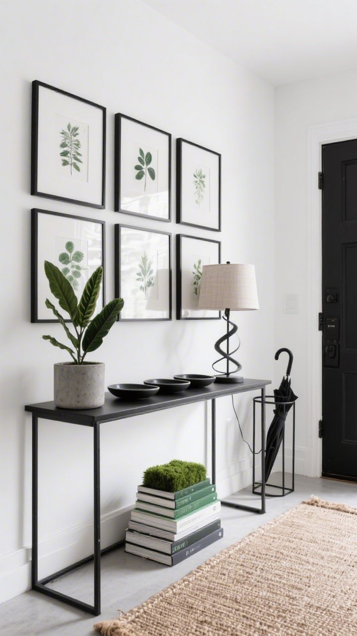 Medium shot from a slight corner angle of a sleek black-and-white modern entry: crisp white walls with a neat grid of botanical prints in thin black frames above a streamlined black metal console; on the console a concrete planter with a healthy ZZ plant, a trio of matte ceramic catch-all trays, and a sculptural table lamp with a linen shade; a natural jute runner on the floor; a subtle pop of moss green on a stack of coffee table books; a sleek black umbrella stand beside the console; clean, minimal styling, soft diffused daylight, photorealistic.