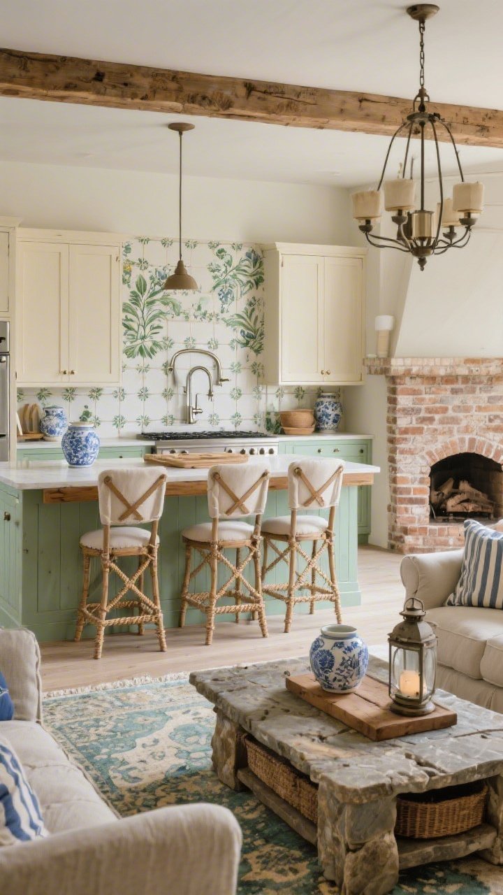 Medium shot from living toward kitchen: French country meets modern farmhouse warmth; creamy inset cabinets, soft sage island, rustic ceiling beam defining the kitchen; hand-painted motif tile backsplash and polished nickel bridge faucets; cross-back stools with cane seats; dining shows a reclaimed wood farm table, upholstered end chairs, and an antique-look lantern chandelier; living area with slipcovered sofa, stone-topped coffee table, and a brick or shiplap fireplace with chunky mantel; accents include blue-and-white pottery, striped linens, and a faded Persian rug pulling sage, cream, and warm wood together; gentle ambient lighting, photorealistic.